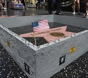 Aplink Donaldo Trumpo žvaigždę &scaron;lovės alėjoje Holivude pastatyta siena