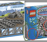 Tikrojo &bdquo;Lego&ldquo; rinkinio dėžutė ir pakeista jos nuotrauka. Žaliai pažymėti išlikę elementai, raudonai &ndash; pakeistos vietos