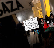Protestas prie&scaron; nusikaltimus žmoni&scaron;kumui Palestinoje