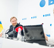 Olgos Karač ir jos advokato Ryčio Satkausko spaudos konferencija