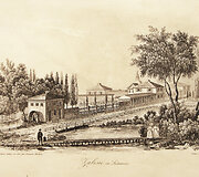 Leonardo Chodjko (1800 &ndash; 1871 m.) litografija &bdquo;Zalesė Lietuvoje&ldquo;. Mykolo Kleopo Oginskio dvaras XIXa. Reprodukuota I&scaron; privačios kolekcijos (Minskas)