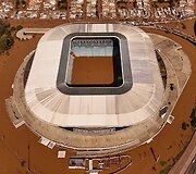 Po liūčių apsemtas stadionas Porto Alegrėje, Brazilijoje