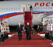 Rusijos prezidentas Vladimiras Putinas ir &Scaron;iaurės Korėjos lyderis Kim Jong Unas