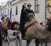 Trijų karalių eisenos prie&scaron;akyje ant kupranugario keliauja karalius Merkelis, jam i&scaron; paskos seka karalius Baltazaras. 