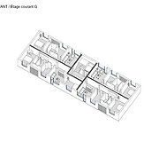 Vieno i&scaron; pastato korpusų renovacijos balkonais modelis prie&scaron; projektinį pasiūlymą. 