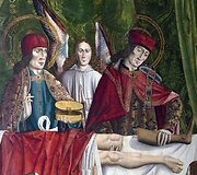 &Scaron;ventieji Kosma ir Damianas persodina koją. XVI a. ikona, autorius J. Huguet i&scaron; Ispanijos, Los Balbases.