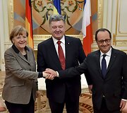 Kijeve aptarti taikos plano susitiko Angela Merkel, Francoise Hollande'as ir Petro Poro&scaron;enka 2015 m. vasario 05 d. 