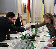Kijeve aptarti taikos plano susitiko Angela Merkel, Francoise Hollande'as ir Petro Poro&scaron;enka 2015 m. vasario 05 d. 