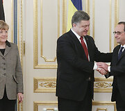 Kijeve aptarti taikos plano susitiko Angela Merkel, Francoise Hollande'as ir Petro Poro&scaron;enka 2015 m. vasario 05 d. 