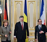 Kijeve aptarti taikos plano susitiko Angela Merkel, Francoise Hollande'as ir Petro Poro&scaron;enka 2015 m. vasario 05 d. 