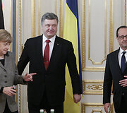 Kijeve aptarti taikos plano susitiko Angela Merkel, Francoise Hollande'as ir Petro Poro&scaron;enka 2015 m. vasario 05 d. 