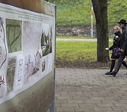 Vilniaus pilių teritorijos ir įvairių Lietuvos istorijos laikotarpių vaizdai ant &bdquo;Rotondos&ldquo; tvoros.