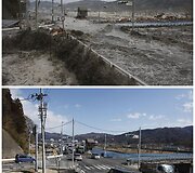 Mijako miestas 2011 m. kovo 11 dieną (vir&scaron;uje) ir 2012 m. vasario 17 dieną (apačioje)