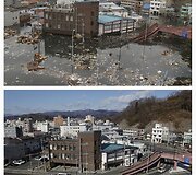 Mijako miestas 2011 m. kovo 11 dieną (vir&scaron;uje) ir 2012 m. vasario 17 dieną (apačioje)