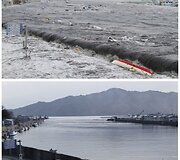 Mijako miestas 2011 m. kovo 11 dieną (vir&scaron;uje) ir 2012 m. vasario 17 dieną (apačioje)