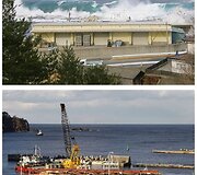 Mijako miestas 2011 m. kovo 11 dieną (vir&scaron;uje) ir 2012 m. vasario 17 dieną (apačioje)