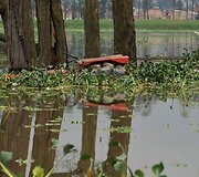 Potvynio vandens apsemtas traktorius