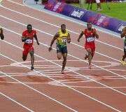 (I&scaron; kairės) Usainas Boltas, Justinas Gatlinas, Yohanas Blake'as, Tysonas Gay ir Asafa Powellas