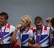 Didžiosios Britanijos irkluotojai Alexas Gregory, Tomas Jamesas, Pete'as Reedas ir Andrew Triggsas Hodge'as