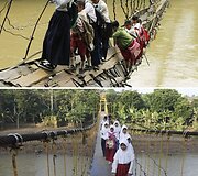 Mokiniai eina per tiltą (Vir&scaron;uje 2012 m. sausio 19 d., apačioje 2012 m. lapkričio 29 d.)