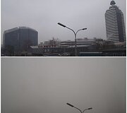 Pekino centras 2013 m. sausio 15 dieną (vir&scaron;uje) ir 2013 m. sausio 29 dieną (apačioje)
