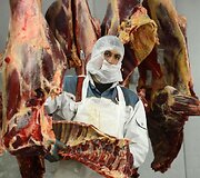 Darbuotojas mėsos perdirbimo fabrike