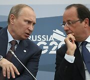 Rusijos prezidentas Vladimiras Putinas ir Prancūzijos prezidentas Francois Hollande'as