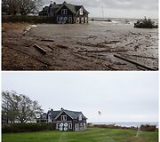 Sandy uragano suniokotos vietovės 2012 m. (vir&scaron;uje) ir vietos gyventojų per metus sutvarkytos (apačioje)