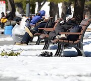 Benamiai miega ant suolelių Tokijuje