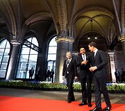 Amsterdamo meras Eberhardas van der Laanas, JAV prezidentas Barackas Obama ir  Nyderlandų premjeras Markas Rutte
