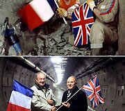 Eurotunelio statybos darbuotojai Philippe'as Cozette i&scaron; Prancūzijos ir Grahamas Faggas i&scaron; Didžiosios Britanijos 1990 metais (vir&scaron;uje), 2014 metais (apačioje