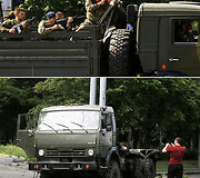 Prorusi&scaron;ki teroristai (vir&scaron;uje) ir jų &bdquo;Kamaz&ldquo; po susi&scaron;audymo su Ukrainos kariuomene (apačioje)