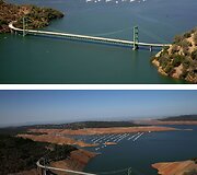 Orovilio ežeras 2011 metais (vir&scaron;uje) ir 2014 metais (apačioje)