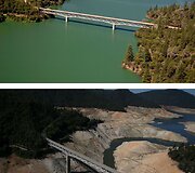 Orovilio ežeras 2011 metais (vir&scaron;uje) ir 2014 metais (apačioje)