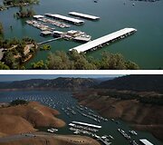 Orovilio ežeras 2011 metais (vir&scaron;uje) ir 2014 metais (apačioje)