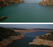 Orovilio ežeras 2011 metais (vir&scaron;uje) ir 2014 metais (apačioje)