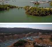 Orovilio ežeras 2011 metais (vir&scaron;uje) ir 2014 metais (apačioje)