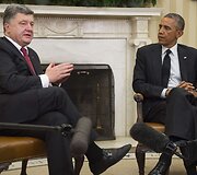 Ukrainos prezidentas Petro Poro&scaron;enka ir JAV prezidentas Barackas Obama 