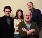 Philipas Seymouras Hoffmanas sausio 19-ąją su kolegomis Willemu Dafoe ir Rachel McAdams bei režisieriumi Antonu Corbijnu Sandanso kino festivalyje