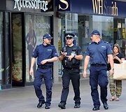 Lenkų policininkai patruliuoja Harlou mieste 