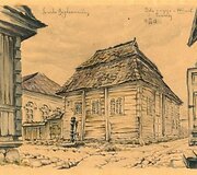 Panevėžio medinė sinagoga, pastatyta 1794 m. (G.Bagdonavičiaus pie&scaron;inys 1928 m.)