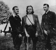 Henriko Ru&scaron;kulio-Liūto vadovaujamo būrio partizanai.I&scaron; kairės H. Ru&scaron;kulis-Liūtas, Antanas Kraujelis-Siaubūnasir Danielius Bružas-Atlantas. 1950 m.