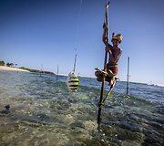 Ant stiebų sėdintys netikri žvejai už pinigus pozuojantys turistams