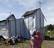 Krik&scaron;čionių bažnyčia migrantų stovykloje Kalė mieste Prancūzijoje