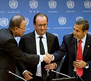 Spaudos konferencija su JT generaliniu sekretoriumi Ban Ki-moon, Prancūzijos prezidentu Francois Hollandeu ir Peru prezidentu Ollanta Humalau