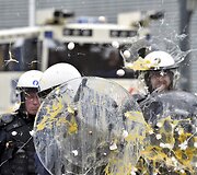 Belgijos pareigūnai per žemdirbių protestą