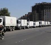 JT Humanitarinės pagalbos konvojus vyksta i&scaron; Damasko į kitus regionus