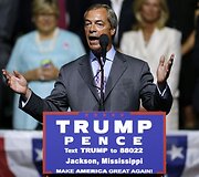 Nigelas Farage'as dalyvavo respublikonų kandidato į JAV prezidentus Donaldo Trumpo kampanijos renginyje Misisipės valstijoje