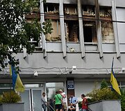 Ukrainiečių televizijos &bdquo;Inter TV&ldquo; studija, padegta protestuotojų, nepatenkinti &bdquo;prorusi&scaron;ka&ldquo; &scaron;io kanalo platforma