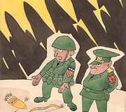Jono Dociaus 1964 m. sukurta karikatūra &bdquo;Sunaikinę &scaron;iuos ginklus, atrodo, i&scaron;spręsime nusiginklavimo problemą&ldquo;